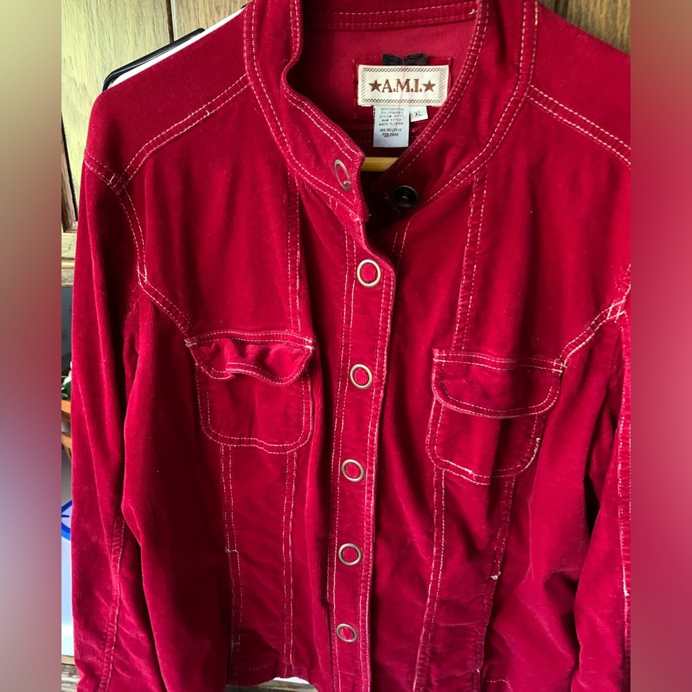 Vintage AMI Red Corduroy Button-Up Jacket gold threading and snaps classy look